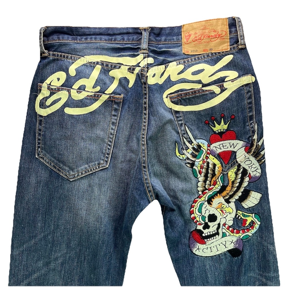 Ed Hardy Christian Audigier Jeans 33x32 Blue Skull Eagle Embroidery Vintage Y2K